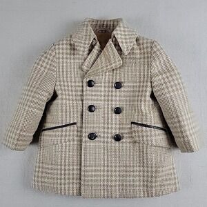 Vintage Child's Wool Plaid Coat w Hood & Cap | Unisex 2T–3T | Tan Cream Check